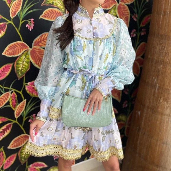 Ina Dresses & Skirts - INA Rhythm Trimmed Billow Mini Dress Floral Blue Gold Puff Long Sleeve NEW Small